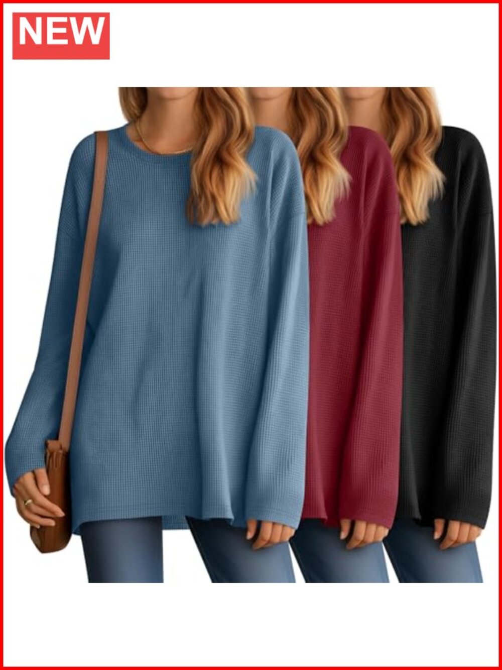 3 Pack Oversized Waffle Knit Long Sleeve Crewneck Tunic Tops